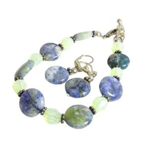 Blue Green Sodalite Gemstone,‎ Opal Glass Crystals Ankle Bracelet Earrings Set